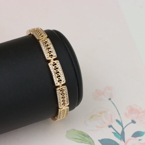 "Rose Gold Rectangular Link Bracelet with Cubic Zirconia Accents, XPBL0971 - Picture 10 of 13